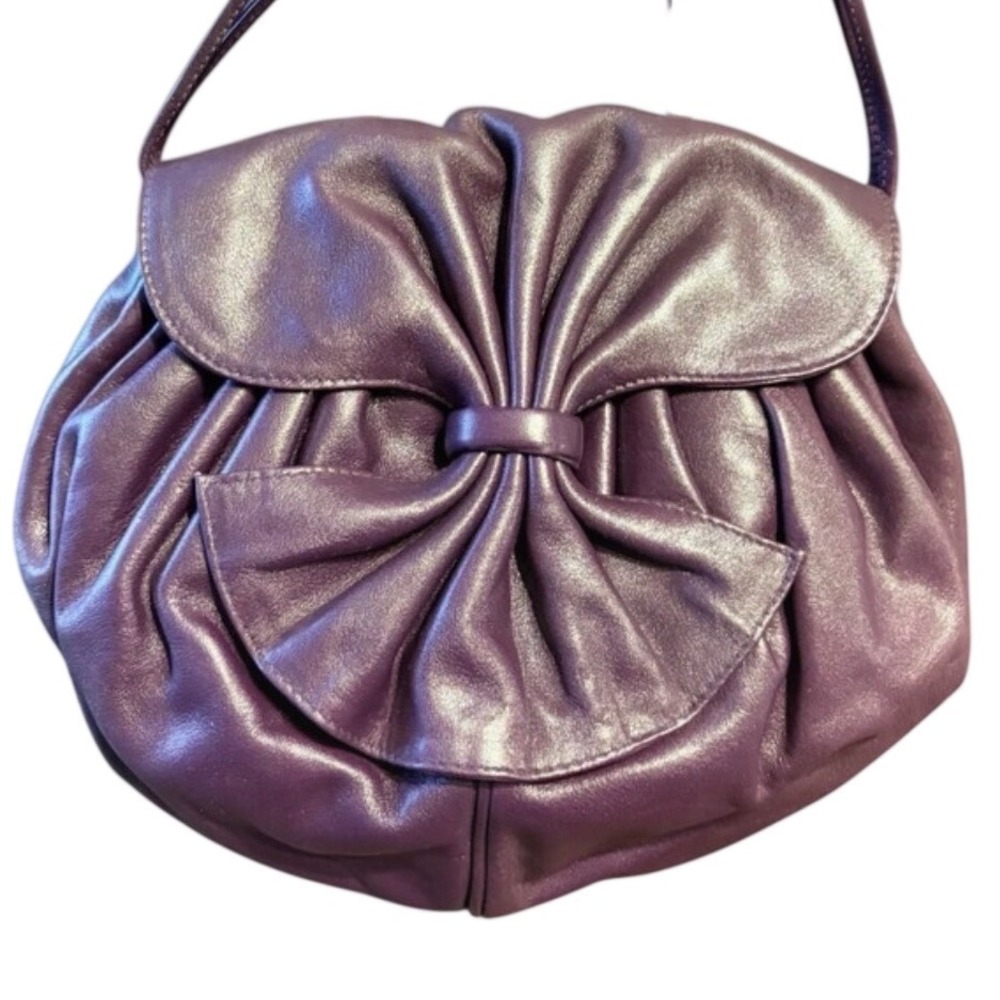 Clemens Vtg Purple Leather Bow Shoulder Bag Pleated Metallic Retro Statement